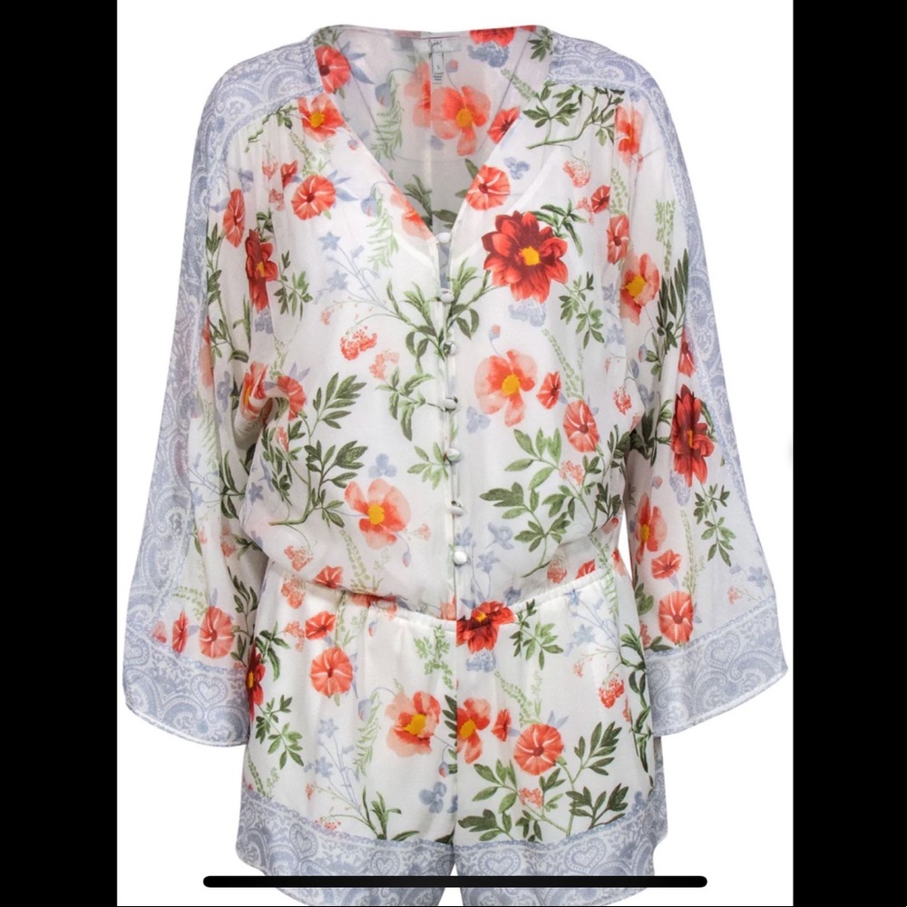 Joie White & Multicolored Floral Print Button-Up Silk Romper W/ Paisley Trim S